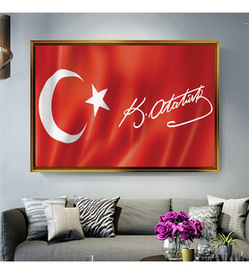 Tablore Türk Bayrağı Ve Atatürk İmzalı Kanvas Tablo Atatürk Temalı Salon Ve Ofis Duvar Dekoru