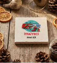 Kişiye Özel İtfaiyeci Bardak Altlığı  Hediyesi (Krem)