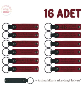 Hazırlık Ekibinde Görev Alanlara, 16'lı Set, İsim Yazılabilir Deri Hatıra Anahtarlık, Kırmızı & Laci