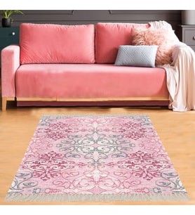 Osmanlı Motifler Desenli Etnik Dijital Baskı Yıkanabilir Kaymaz Taban Salon Halı ve Yolluk (Pembe)