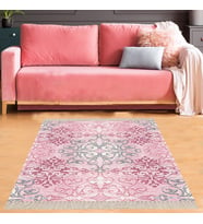 Osmanlı Motifler Desenli Etnik Dijital Baskı Yıkanabilir Kaymaz Taban Salon Halı ve Yolluk (Pembe)