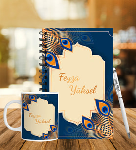 İsminize Özel Siyah Deri Defter & Metal Tükenmez Kalem & Kupa Bardak