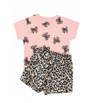 Kız Bebek Pembe Leoparlı Fiyonk Desenli Şortlu 2'li Takım