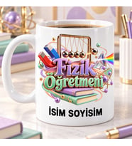Kişiye Özel Fizik Öğretmeni Newton Beşiği ve Prizma Desenli Renkli Kupa Bardak