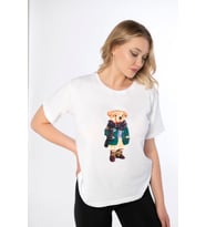 MyBen Kadın Beyaz Ayıcık Baskılı Oversize  T-shirt KY01