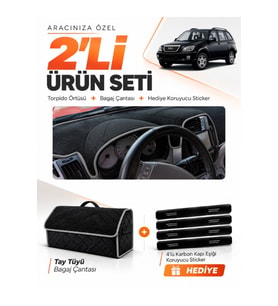CHERY TİGGO 5 (2013-2015) Uyumlu Torpido Örtüsü + Tay Tüyü Bagaj Çantası + Sticker Seti - Siyah Gri