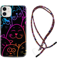 Apple iPhone 11 12 13 Mini Kılıf Boyun Asklı Rasta Silikon Neon Cats 1790