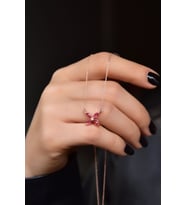 Papatya Silver 925 Ayar Gümüş Rose Kaplama Zirkon Taşlı Plumeria Kolye (Fuşya)
