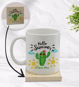 BK Gift Kişiye Özel Kaktüs Tasarımlı Beyaz Kupa Bardak ve Ahşap Bardak Altlığı Hediye Seti - Model 8