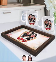 BK Gift Kişiye Özel İsimli Sevgililer Karikatürlü Doğal Ahşap Tepsi ve 2’li Kupa Bardak Seti-18
