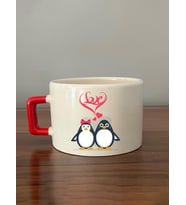 Love Penguenler Baskılı Kırmızı Kulplu C Kupa (Beyaz)