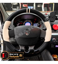 Renault Fluence Dikme Direksiyon Kılıfı Delikli Deri Parlak Siyah Bej Detay Çift Yüzük ve Dikiş 2009-2016