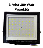 3 Adet Kampanyalı 200 Watt Siyah Slim Kasa 6500K Beyaz Işık IP65 Led Projektör
