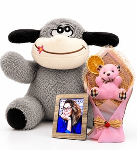 Kişiye Özel Fotoğraflı Pembe Peluş Ayıcık Buketi ve Sevimli Peluş Eşek Hediye Seti
