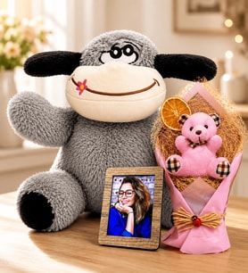 Kişiye Özel Fotoğraflı Pembe Peluş Ayıcık Buketi ve Sevimli Peluş Eşek Hediye Seti