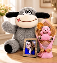 Kişiye Özel Fotoğraflı Pembe Peluş Ayıcık Buketi ve Sevimli Peluş Eşek Hediye Seti