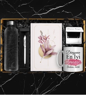 Anneler Gününe Özel 500 ML Cam Matara & Özel Tasarım Defter & Kişiye Özel Beyaz Ayna & Renkli Touch Pen Kalem & Özel Tasarım Kupa Hediye Seti
