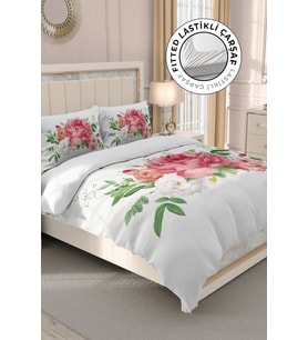 Lastikli Çarşaflı %100 Pamuk Saten Çift Kişilik Nevresim Takımı New Floral