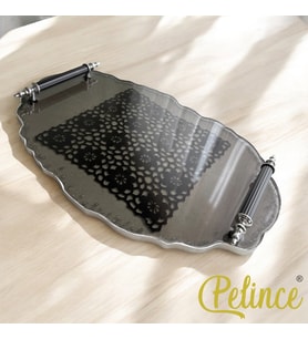 Epoksi Reçine Dantelli Tepsi - Siyah Kare Dantel Gümüş Taşlı - Eni: 23 cm Boyu: 33 cm (Çok Renkli)