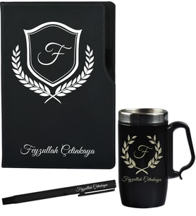 Kişiye Özel Sevgiliye Hediye Siyah Defter Termos - Mug ve Roller Kalem Hediye Seti
