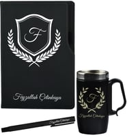 Kişiye Özel Sevgiliye Hediye Siyah Defter Termos - Mug ve Roller Kalem Hediye Seti