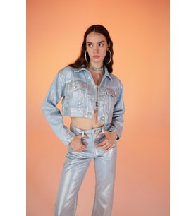 Özel Yapım Parlak Kaplamalı Glossy Jean Ceket Mavi