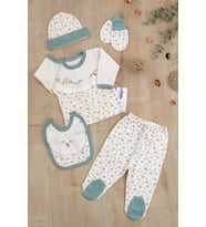 Kız Bebek Natural Pamuk Kumaş Yeşil 5 Li işlemeli Lüks Hastane Çıkışı Seti STL6793 (Çok Renkli)