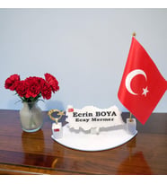 Doğal Beyaz Mermer İsimlik Haritalı Gold Dikme Ay Yıldız ve Şanlı TÜRK Bayrağı
