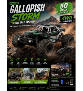 Gallopish Storm 1:16 4WD UzaktanKumandalı HW8808 Arazi Aracı 50 Km/H Hız Metal Şase Işıklı Off-Road