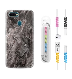 Oppo A5S A15 A16 A54 A55 A73 A74 Kılıf Kablo Koruma Spiral Silikon Gri Mermer 1376