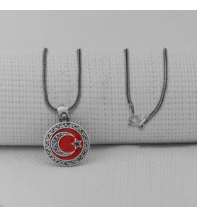 Gravur İşlemeli  Ay Yıldız 925 Ayar Gümüş Erkek Kolye