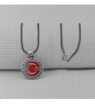 Gravur İşlemeli  Ay Yıldız 925 Ayar Gümüş Erkek Kolye