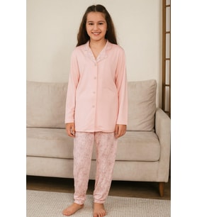 Kız Çocuk Önü Düğmeli Uzun Kol Pijama Takımı SOMON