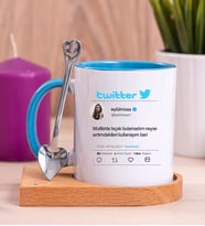 Kişiye Özel Twitter Tasarım Fotoğraflı Ahşap Altlıklı Mavi Kupa Bardak
