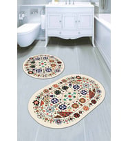 Krem Etnik Desen Banyo Halısı Klozet Oval Paspas Seti BS082
