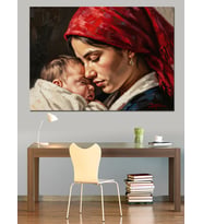 Bebeğine Sarılan Şefkatli Anne Portresi Dekoratif Kanvas - Mdf Ahşap Tablo