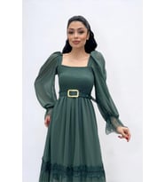 Şifon Kumaş Büzgü Dantel Detaylı Midi Elbise - HAKİ YEŞİLİ (Haki-Yeşil)
