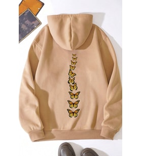 Unisex Oversize Sırt Kral Kelebek Baskılı Sweatshirt (Bej)