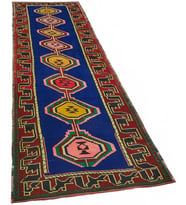Kırmızı Lacivert Geometrik Madalyon Desenli El Dokuma Salon Halısı Yolluk Koridor İçin