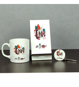 Love Çiçekli Üçlü Set (Kupa + Telefon Standı + Anahtarlık)