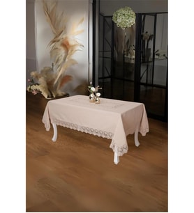 Esra Lüx Dantelli Keten Kumaş Bej Masa Örtüsü 160x230 Cm - 1117 (Krem)