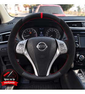 Nissan X-Trail T32 Dikme Direksiyon Kılıfı Alcantara Süet Mat Karbon Kırmızı Yüzük ve Dikiş 2014-2017