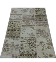 Bej Halı Bohem Stil Patchwork Motifli El Dokuma Yün Salon Halısı Krem Renk Detaylı