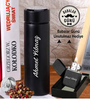 Babalar Günü Hediyesi Kişiye Özel İsimli Süzgeçli Mat Siyah Çelik Termos & İsme Özel Siyah Metal Çakmak Seti