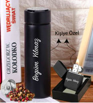 Kişiye Özel İsimli Süzgeçli Mat Siyah Çelik Termos & İsme Özel Siyah Metal Çakmak Seti