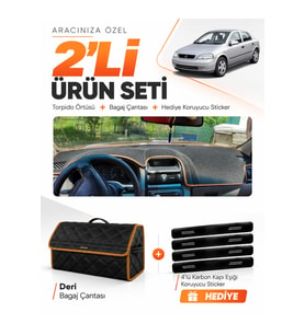 OPEL ASTRA G (1998-2008) Uyumlu Torpido Örtüsü + Deri Bagaj Çantası + Sticker Seti - Siyah Kahverengi