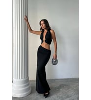 kadın göğüs halka detaylı halter yaka maxi elbise NBDF159