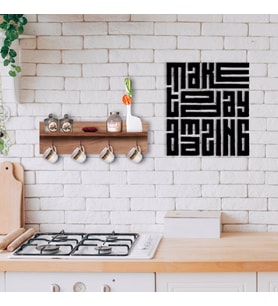 BK Home Doğal Ahşap Raflı Dekoratif Fincan Askılığı ve Duvar Süsü-12 (Beyaz)