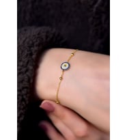 925 Ayar Gümüş Gold Kaplama Top Zincirli, Zirkon Taşlı Minimal Nazar Bileklik (Lacivert)