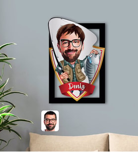 BK Gift Kişiye Özel İsimli Erkek Balıkçı Karikatürlü 3D Ahşap Tablo-1